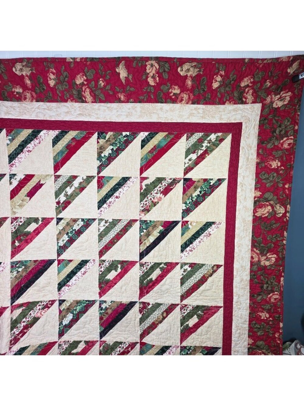 Vintage Patchwork String Quilt Burgundy Floral Bird Border Double Full 70 x 83